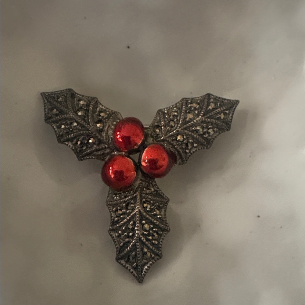 New Listing Vintage Judith Leiber Holly Leaf Crystal Brooch with red berries .